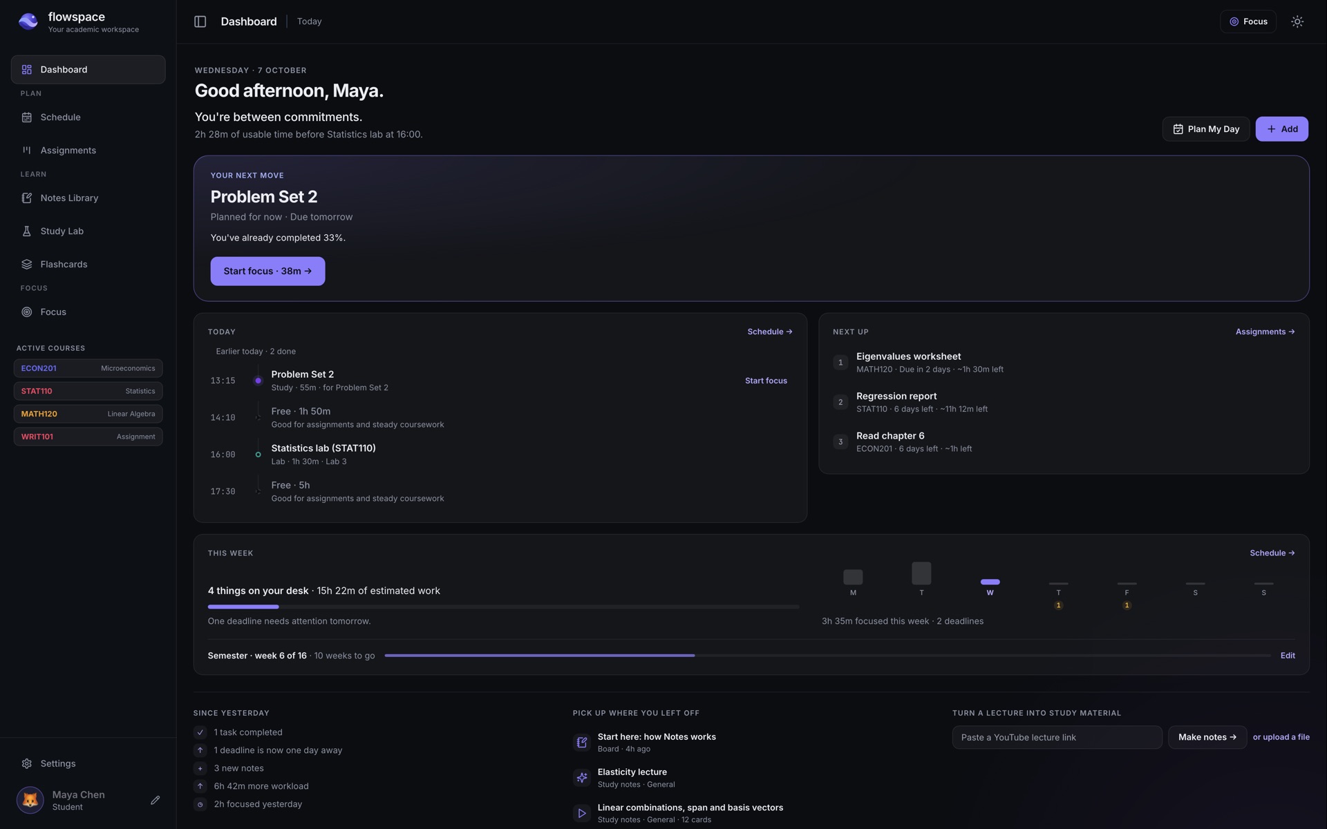 The Flowspace home screen: a greeting, the time you have before your next class, your next move with a Start focus button, and today's timeline.