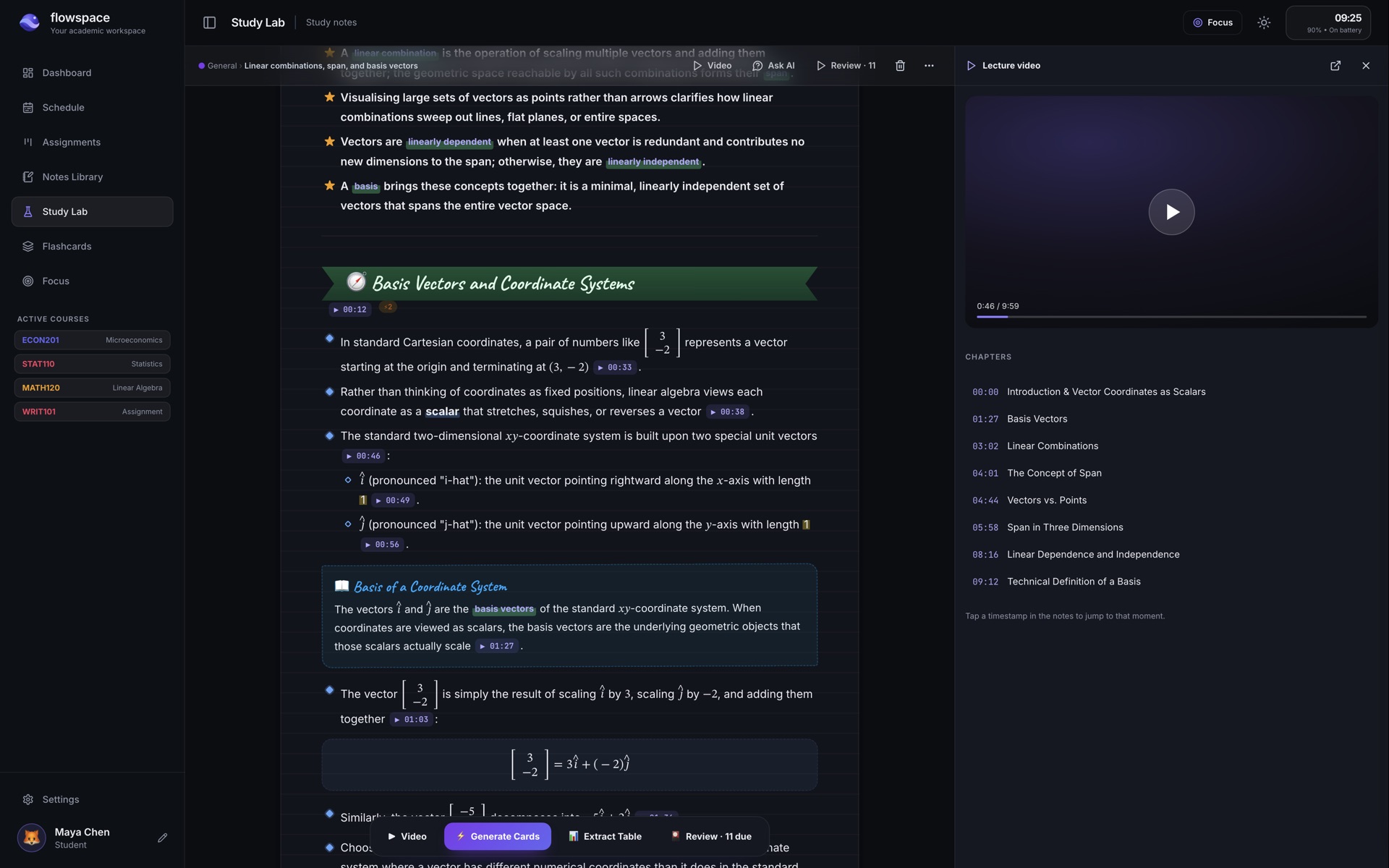 Study notes in Flowspace made from a lecture video, next to the video with its chapters.